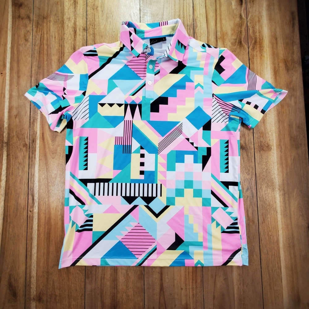 Sunday Swagger Polo Shirt Mens Large Multicolor 80s Geometric Retro Golf Stretch